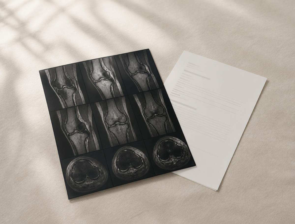 An MRI film sheet next to a printed medical report on a plain surface